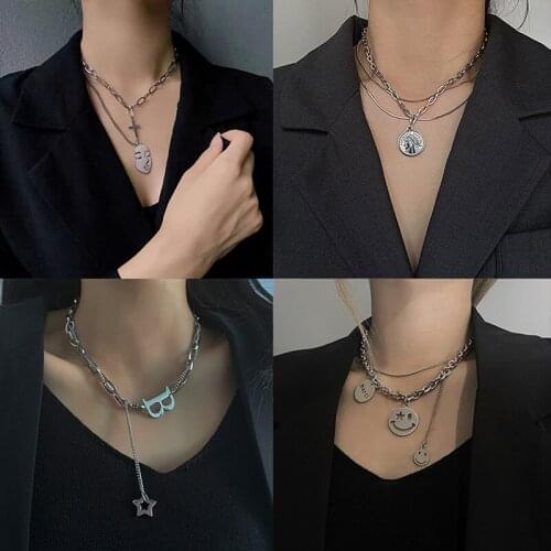 2021 summer European and American cold wind titanium steel letter necklace female personality multi-layer stainless steel clavic