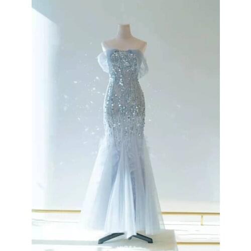 Blue French Evening Dress 2021 Summer European and American Catwalk Show Super Fairy Mermaid Off the Shoulder Prom Dress A208