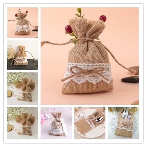 10PCS/Pack Christmas Pattern Party Wedding Favor Hessian Burlap Jute Gift Bags Drawstring Pouch