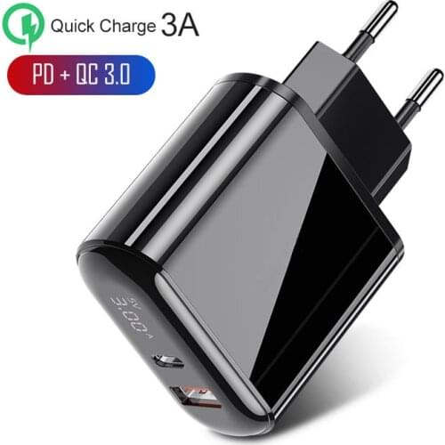 Quick Charge USB Charger QC 3.0 PD Fast Charging LED Display Phone Charger For iPhone Samsung Huawei EU US Plug Type C Adaptor