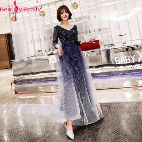Beauty Emily Sexy V Neck Three Quarter Sleeve Evening Dress 2019 Elegant Long Tulle Sequined Real Photo Dress Vestido De Festa