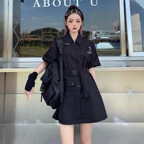 Summer Lapel Collar Lady Short Sleeve Belt Dresses Black Safari Style Women Mini Shirt Dress Single Breasted Pin Pocket Shirts