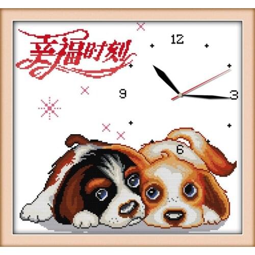 Little dogs' happy time cross stitch kit 14ct 11ct count print canvas wall clock stitching embroidery DIY handmade needlework