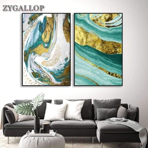 Green Ocean Fluid Abstract Wall Art Picture Gold Foil Art Canvas Painting Posters and Prints Pictures for Living Room Decoration