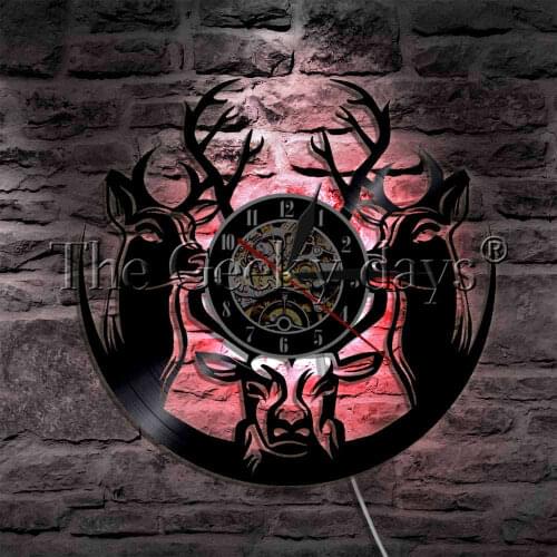 Woodland Deer Design Wall Lamp Vinyl Record Wall Clock With LED Backlight Wildlife Animals Deer Antlers Modern Wall Lamp