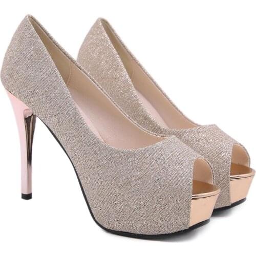 New Sequined Fish Mouth Single Shoes Thick-Soled Waterproof High Heels Party Banquet Womens Shoes