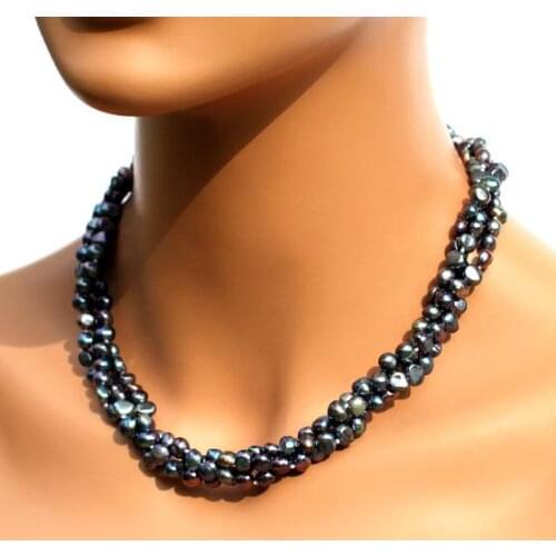 Unique Pearls jewellery Store Black Color 3 rows Baroque Genuine Freshwater Pearl Necklace Free Silver Earrings