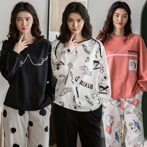 2021 Autumn 100% Cotton Print Long Sleeve Pajama Sets for Women Korean Sleepwear Suit Pyjamas Homewear Pijama Mujer Home Clothes
