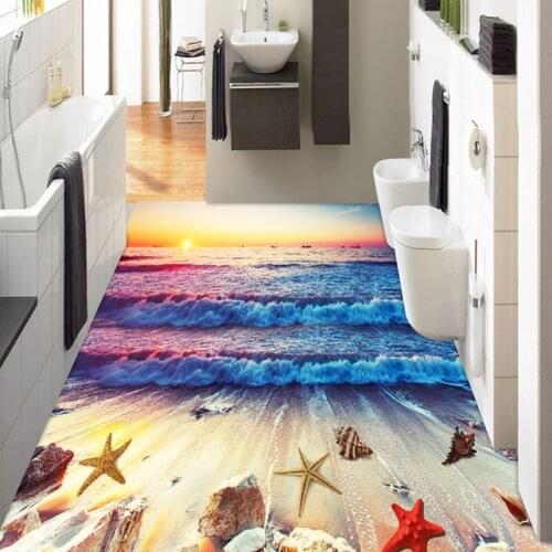 Custom 3D Photo Wall Paper Beach Sunset Sea Waves Bathroom Kitchen Floor Mural PVC Waterproof Self-adhesive Home Decor Wallpaper