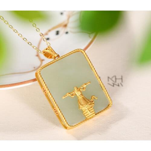 Natural Hetian Sapphire Qitian Dasheng Geometry gold filled necklace Chinese Retro Charm Womens Brand Silver Jewelry