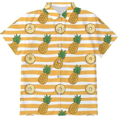 EU Size Button Shirt Men Hot Sale Striped Pineapple Casual 3D Print Fruit Casual Short Sleeve Summer Harajuku Shirts Oversized