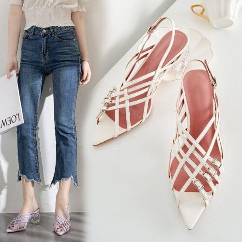 Summer pointed cross thin belt tendon bottom thick crystal high-heeled sandals banquet dress all-match daily dress female sandal