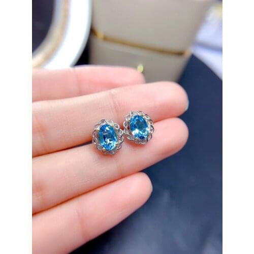 Clear blue gemstone stud earrings for women earrings 925 sterling silver earrings natural blue topaz gem girl birthday gift