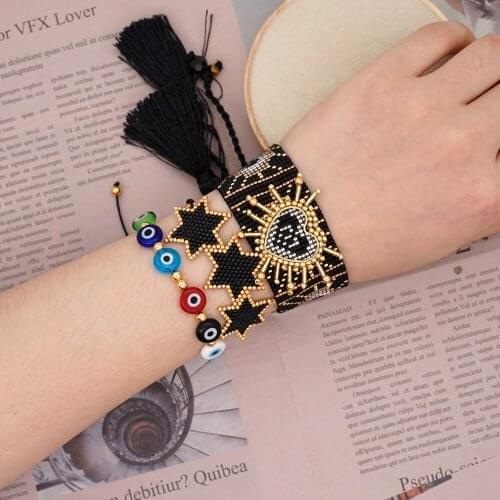 Ethnic Style Wide Bracelet For Women Black Evil Eye Miyuki Rice Beads Woven Bangle Love Six-pointed Star Handmade Female Jewelry
