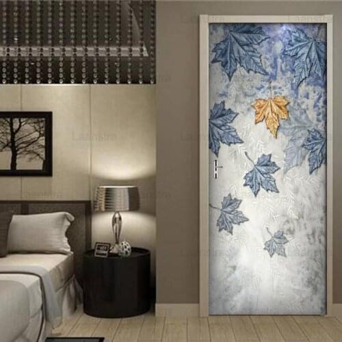 3D Modern Plant Maple Leaf Gray Blue Background Door Stickers Bedroom Home Decoration Waterproof Self-adhesive Poster PVC