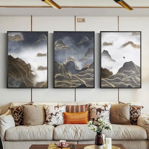 Modern Gold Lines Landscape Cloud Abstract Posters and Prints Canvas Painting Wall Pictures for Living Room Home Decor Cuadros