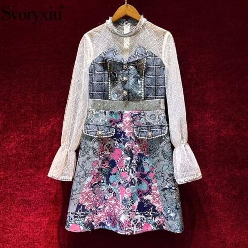 Svoryxiu 2021 Runway Designer Autumn Vintage Dress Womens Tulle Sequins Flared Sleeves Beaded Print Jacquard Dresses Vestdios