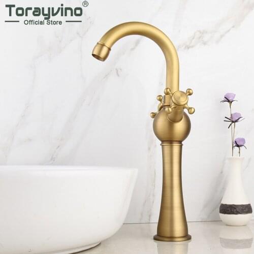 Torayvino Tall Antique Brass Bathroom Faucet Basin Sink Dual Handle Deck Mounted Bath Faucet Wahenbasin Hot And Cold Water Tap