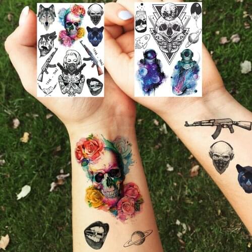 Gangster Moth Temporary Tattoos For Women Men Sukll Waterproof Tattoo Realsitic Mountain Gun Fake Flower Tatoo Space For Kids