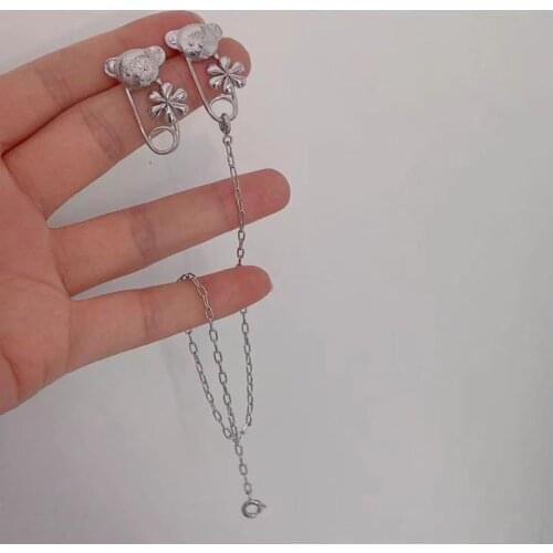 VSnow Unique Design Asymmetric Bear Flower Dangle Earring for Women Girls Paper Clip Hollow Long Tassel Metallic Earring Jewelry