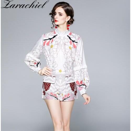 2021 Autumn Fashion Mini Pant Suit Womens Long Lantern Sleeve Stand Loose Blouse and Belted Printed Shorts Two Piece Set