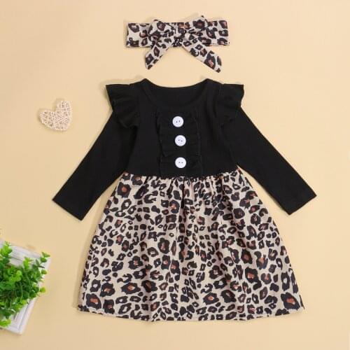 6M-5Y Kid Girls Long Sleeve Dress with Bow Headband Floral Print High Waist Ruffled Mid-length Dress Autumn Casual A-line Dress