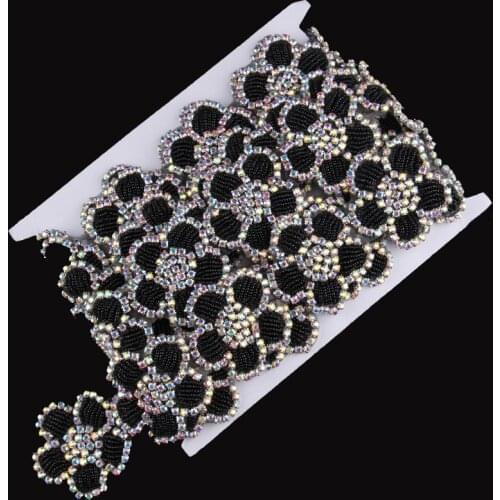 1Yard Fashion Shine Beaded Black Rhinestone Applique Trim Hot-Fix Flower Crystal Trimming For Girl Wedding Dress Garters