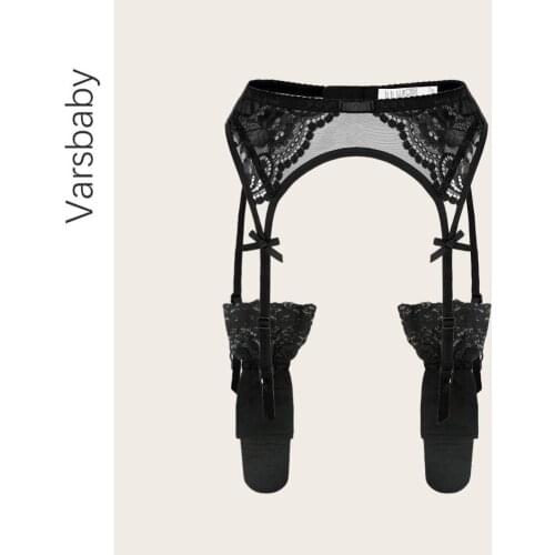 Varsbaby sexy floral lace high quality black and white lovely bow garter belt + stockings 2 pcs intimates S-XL