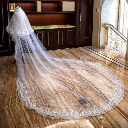 Hot 3M 2L White Ivory Wedding Veil Cathedral Length Lace Appliques Bridal Long With Comb Hair Accessory Custom Made Veils