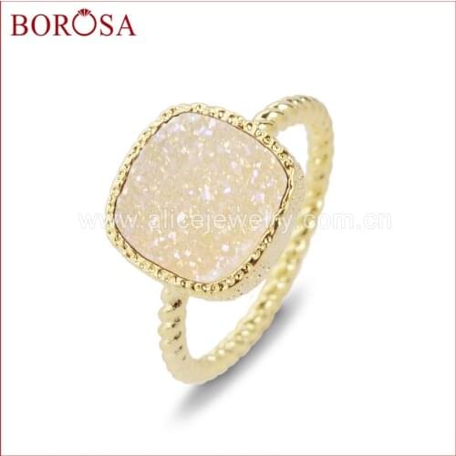 BOROSA Square Druzy Ring Gold Color 12mm Natural Crystal Titanium Druzy Ring Drusy Geode Jewelry Ring Fashion For Women ZG58