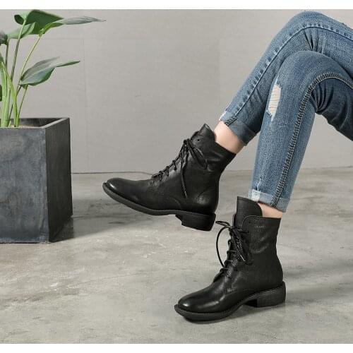 2020 Winter Boots Handmade Genuine Leather Lace-Up Combat Boots Retro Martin Boots Chunky Ankle Boots Black/Coffee