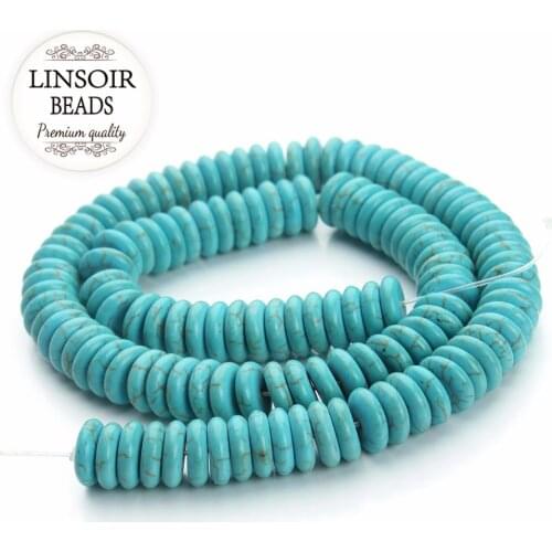 LINSOIR Dia 10mm Round Blue Turquoises Beads Flat Natural Stone Rondelle Spacer Beads For Jewelry Making Finding DIY 35cm/strand