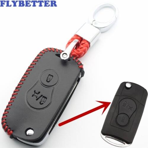FLYBETTER Genuine Leather Key Holder 2Button Flip Key Case Cover For Ssangyong Actyon/SUV/Kyron (B) L381