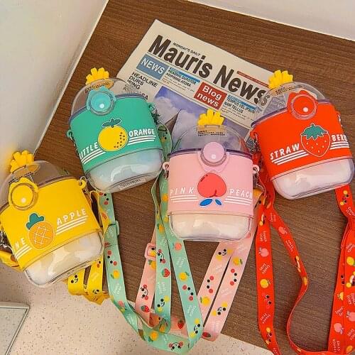 390ml Kids Outdoor Tumbler Children Cartoon Strawberry School Drinking Water Straw Bottle Baby Portable Cup with Hand Strap