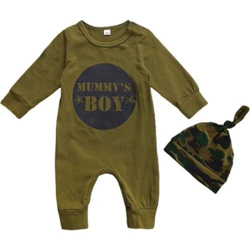 Pudcoco Baby Romper Camouflage Hat Full Length Regular Sleeve Letter Printed Covered Button Round Neck Fashion Jumpsuit