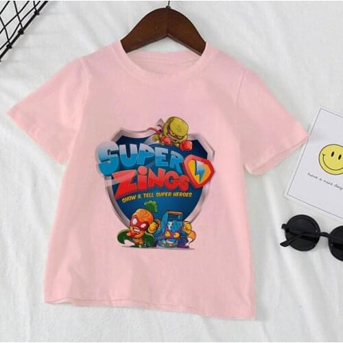 New Summer T-shirt Boys Cartoon Super Zings Printed Girls Tops Fashion Kids T Shirt Short Sleeve Pink Clothes Cute Unisex Casual
