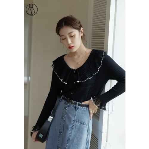 DUSHU Womens Sweaters 2021 Autumn Cardigan Casual French Retro Lotus Leaf Collar Sweater Black Cardigan Temperament Contrast Top