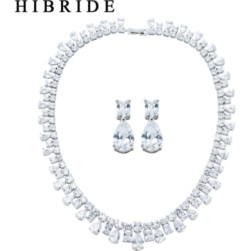 HIBRIDE Square & Water-drop Surrounded Jewelry Set Shiny Rhodium Plated Jewelry With Cubic Zircon For Bridal Wedding HJ0001