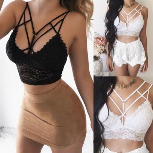 Women Camisole Sexy Deep V-Neck Tanks Lace Short Crop Tops Vest Underwear Bandage Sexy Ladies Hollow Out Clothing
