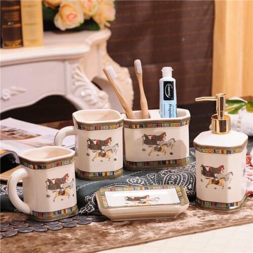 Bathroom Accessory Set Ceramic Soap Dispenser Perfume Bottle Toothbrush Holder Gargle Cup Tray Soap Dish Wedding Gifts 5 Pieces