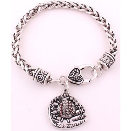 New Arrival antique sliver plated studded with sparkling crystal BASEBALL or SOFTBALL and Glove sporty charm bracelet