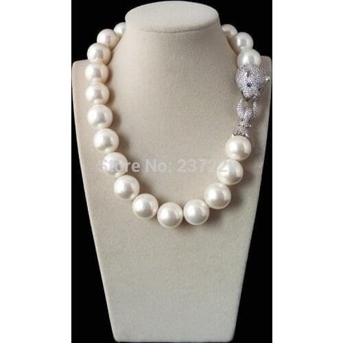 Wholesale price ##Natural 18'' 18mm white shell pearl inlay zircon leopard head LUXURY necklace