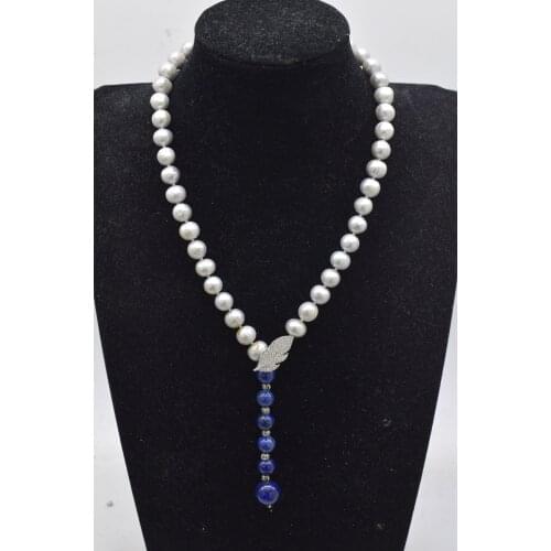 Wholesale freshwater pearl gray near round 9-10mm blue lapis necklace 20inch FPPJ nature beads reborn keshi drop