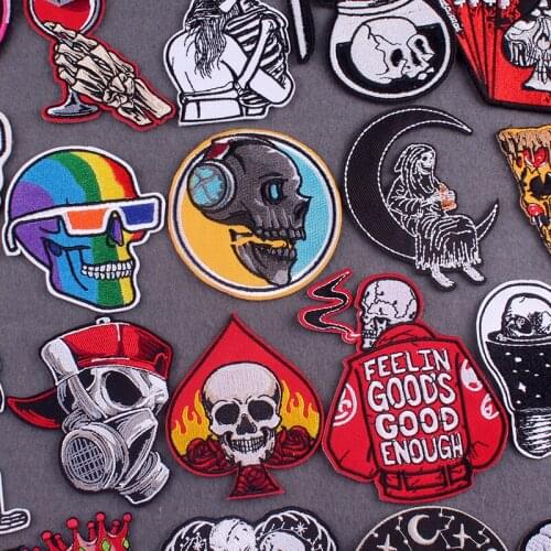 Punk Biker Skull Embroidered Patches For Clothing Stickers Hippie Skull Patch Iron On Patches On Clothes Stripes Badges Decor