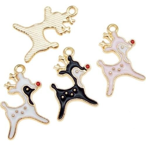 Julie Wang 6PCS Enamel Deer Charms Mixed Black Pink White Small Animal Pendants Alloy Gold Tone Jewelry Making Accessory