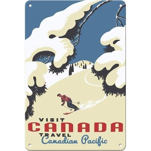Visit Canada Skiing Tin Sign Decor Vintage Wall Metal Plaques Retro Iron Painting for Cafe Bar Movie Gift Wedding