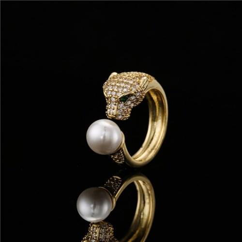Luxury AAA+ Cubic Zirconia Pave Setting Pearl Animal Ring For Women Open Design Adjustable Size Cool leopard Jewelry Gift