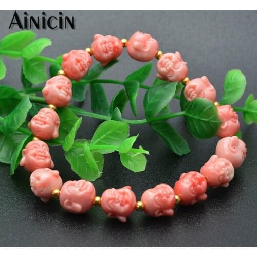 10mm Pink Resin Laughing Buddha Head Beads Stretch Bracelets Fashion Women Gift Bless Lucky Jewelry 7.5'' Shell Power Jewelry
