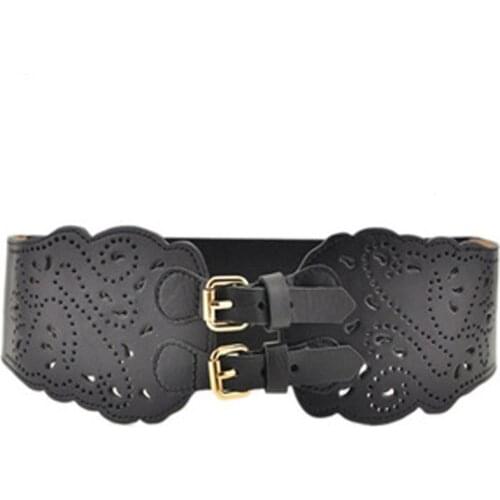 PU Leather Vintage Woven Pin Double Buckle Waistband Ladies Wide Belt Wild Female Girdle Elastic Waist Bandwidth Stretch Corset