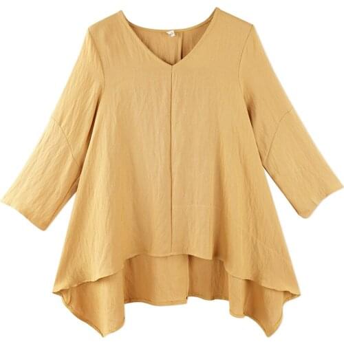 Neatie kiddie Solid Yellow Women Irregular Fashion T-shirt V-neck Long Sleeve Loose Streetwear Casual Tshirt Female Tops